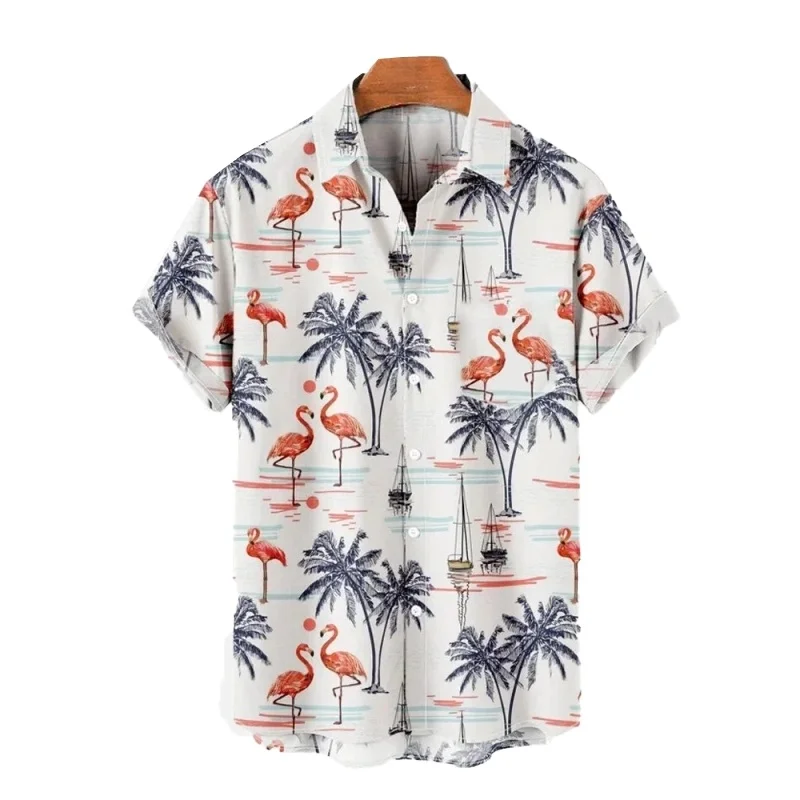 Literary Forest Bamboo Leaf Flamingo Printed Short Sleeved Shirt for Men's Summer Thin, Loose, Couple Travel Versatile Top