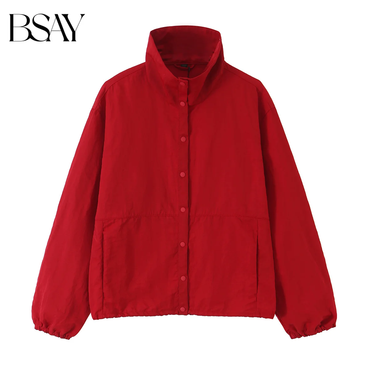 BSAY 2026 Autumn American Vintage Women Stand Collar Cropped Jacket Loose Button‑Up Elastic Cuffs With Pockets Casual Outerwear