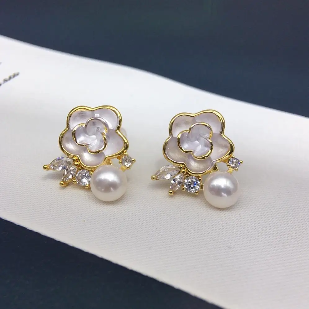 Retro Freshwater Pearl Earrings 6-7mm Zircon Paint Baking Process Classic High Jewelry Flower Design Gifts for 2025 New Arrival
