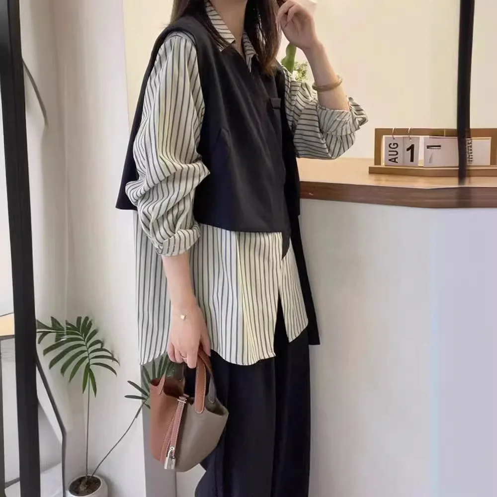 SuperAen 2024 Autumn Office Lady High End New Design Fake Two Piece Spliced Stripe Shirts for Women