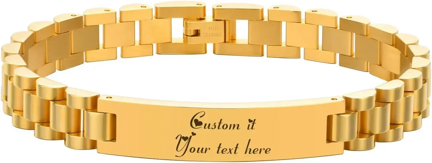 Personalize Women Thick Link Bracelet Love Quote Name ID Engraved Link Bracelet Adjustable Watch Band Chain Wristband Jewelry