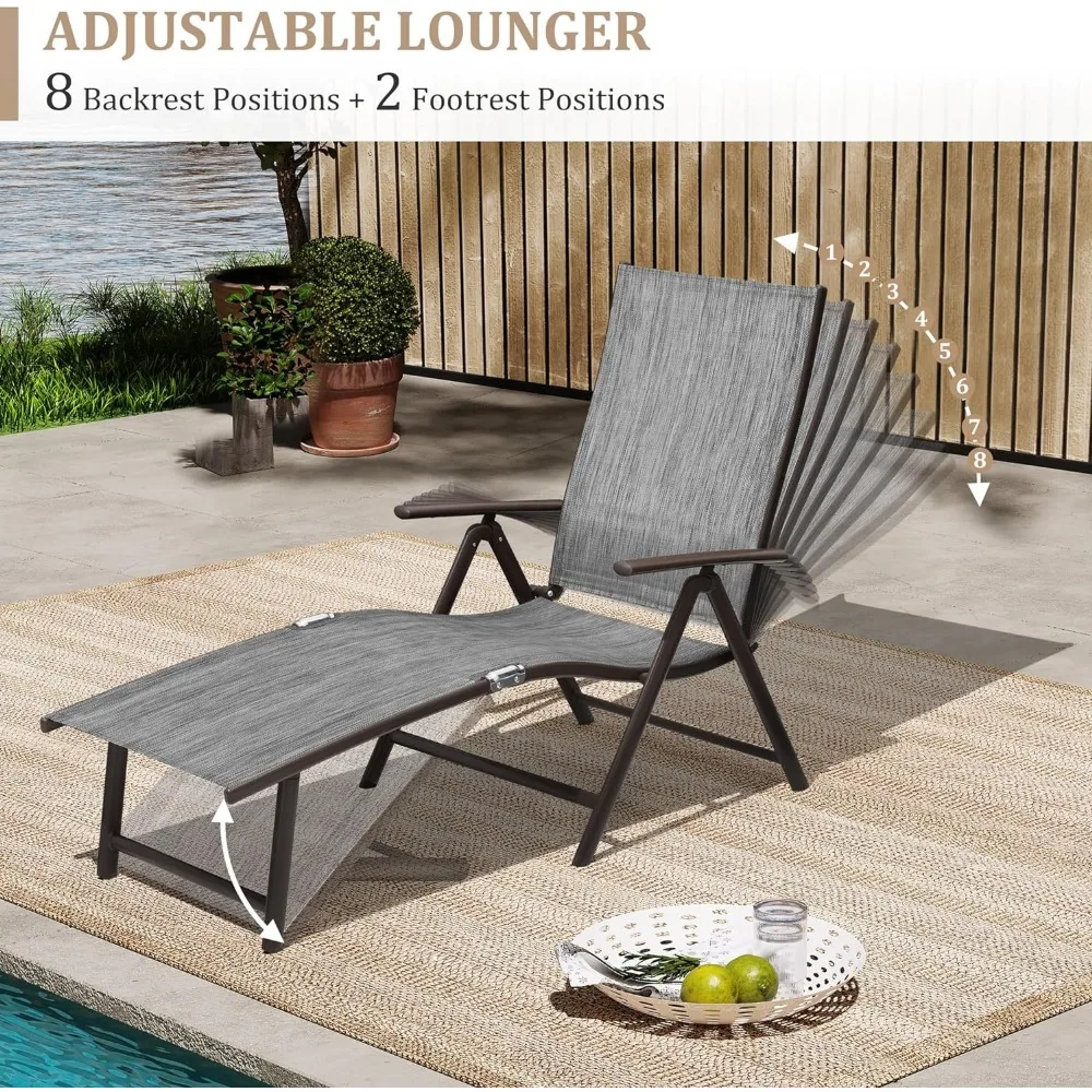 Silla reclinable plegable para exteriores, tumbona ajustable con 8 posiciones de respaldo ajustables, para Patio, 2 piezas