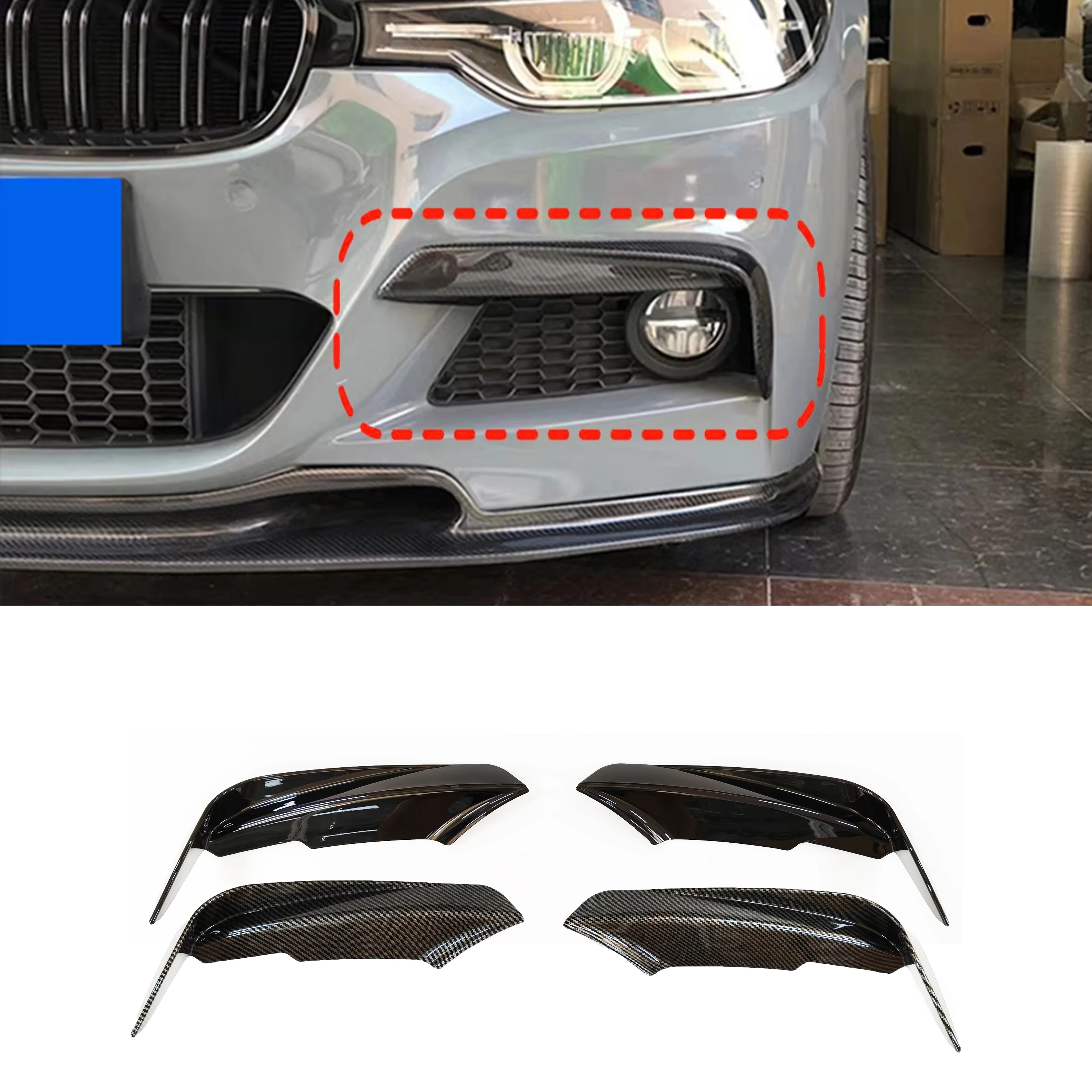 Front Bumper Fog Light Side Canards Splitter Trim For BMW 3 Series F30 M Pack 2013-2019 320i 325i Glossy Black / Carbon Look