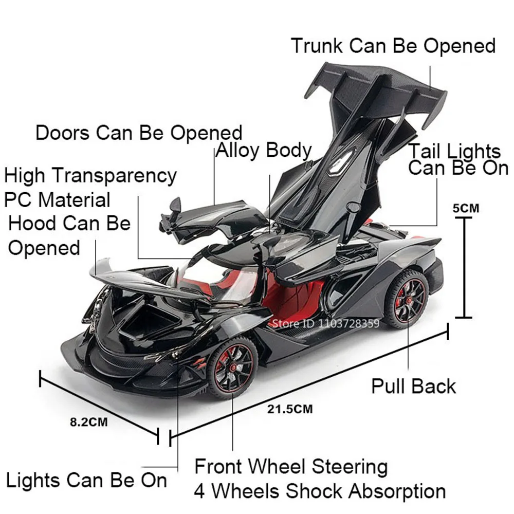 1:24 Apollo EVO IE Modello di auto sportiva in lega Diecast Toy Suono Luce Tirare indietro Porte aperte Veicolo in miniatura Regalo di compleanno per bambini