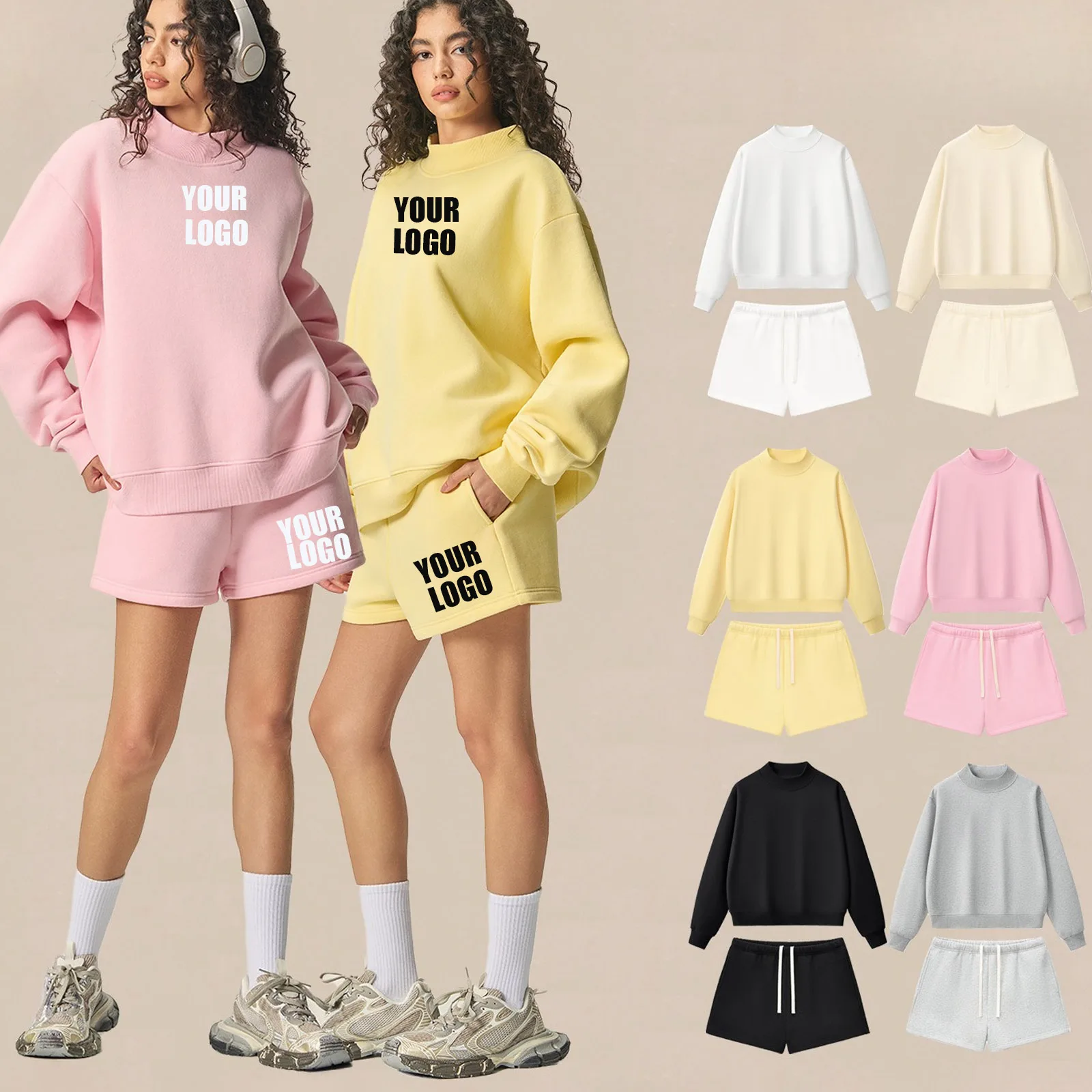 Custom LOGO Women's 350G Cotton Polyester Spice Girls Sweater Shorts Semi-turtleneck American Fleece Sweater Shorts Set