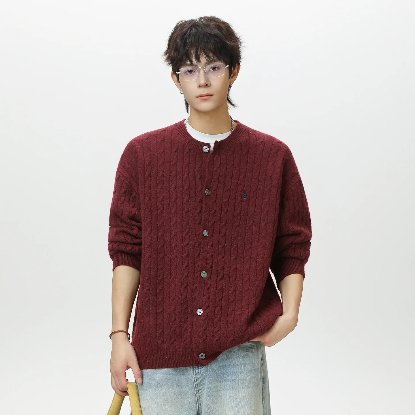 Unsiex Cardigan Knitting Sweater 2025 Autumn Winter New Men's Cable Knit Crew Neck Cardigan Textured Loose Sweater Outerwear