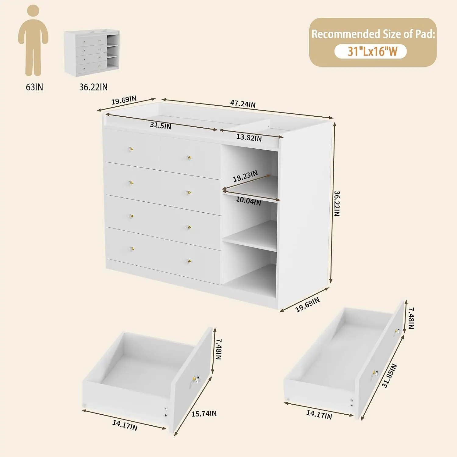 Baby Changing Table Dresser with 5 Drawers, 47.2