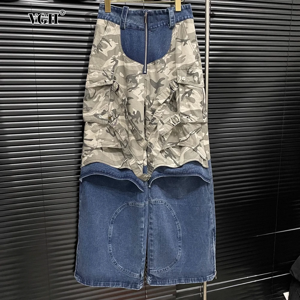 Vgh-女性用パッチワークカモフラージュジーンズ、ハイウエスト、スプライスジッパー、包帯デザイナー、シックなストレートパンツ、女性のファッション