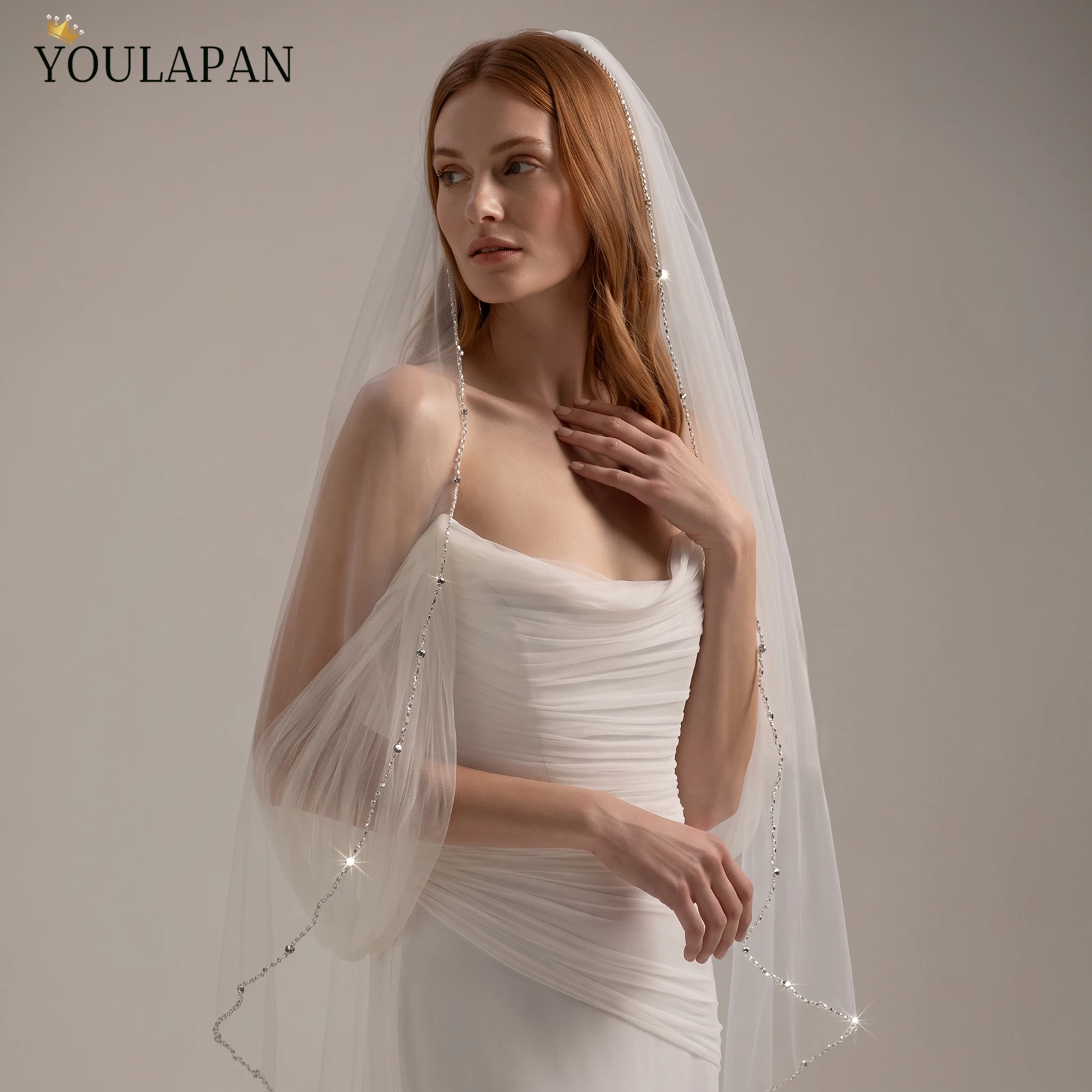 TOPQUEEN Crystal Rhinestone Velos De Noviasl Single Layer Chapel Veil Accessoires Mariage Luxe Customizable V227