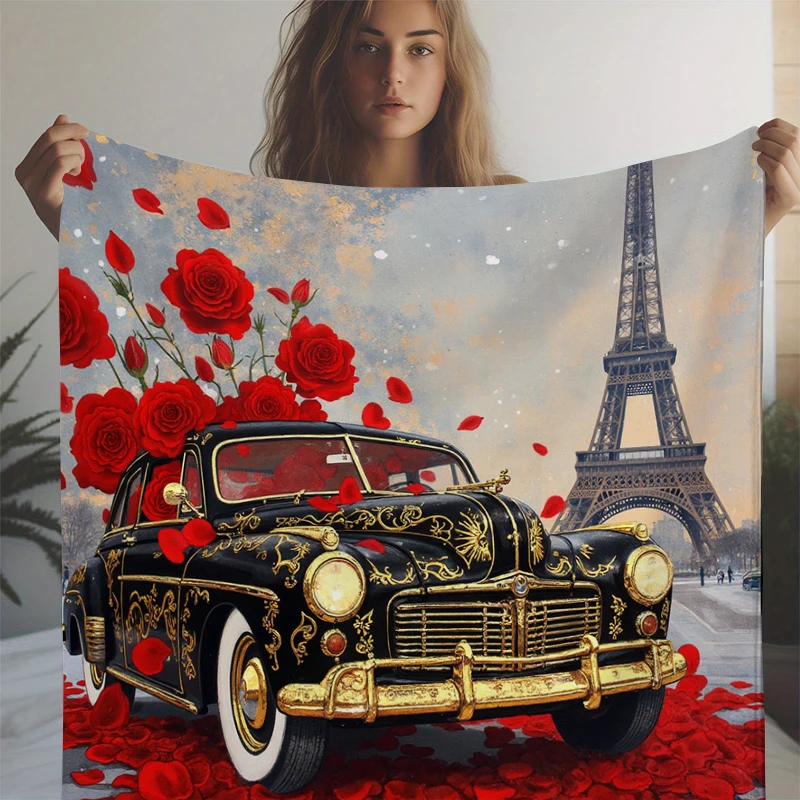 Rose Eiffel Tower Print Blanket Soft Throw Blanket for Boyfriend Girlfriend Wife Office Solid Cover Blanket Valentine's Day