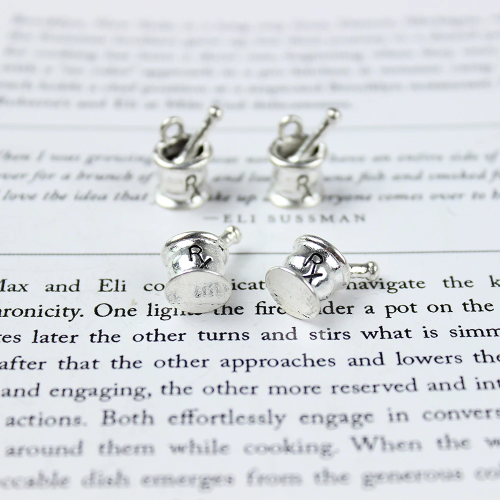 10Pcs-- Antique Silver Colour Mortar And Pestle 3D Pharmacist RX Charms Pendant For Diy Jewelry Making