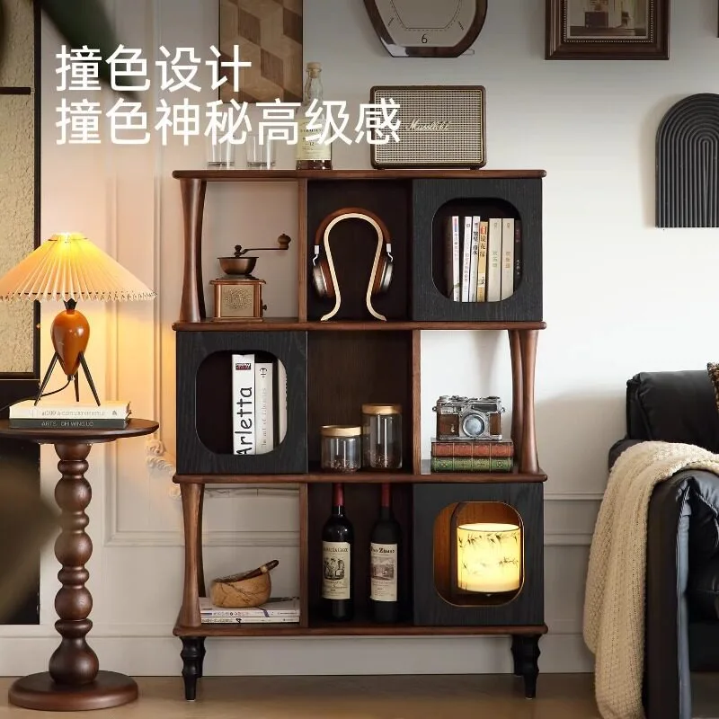 French retro solid wood bookcase contrasting color black short bookcase medium antique living room porch cabinet bookshelf side