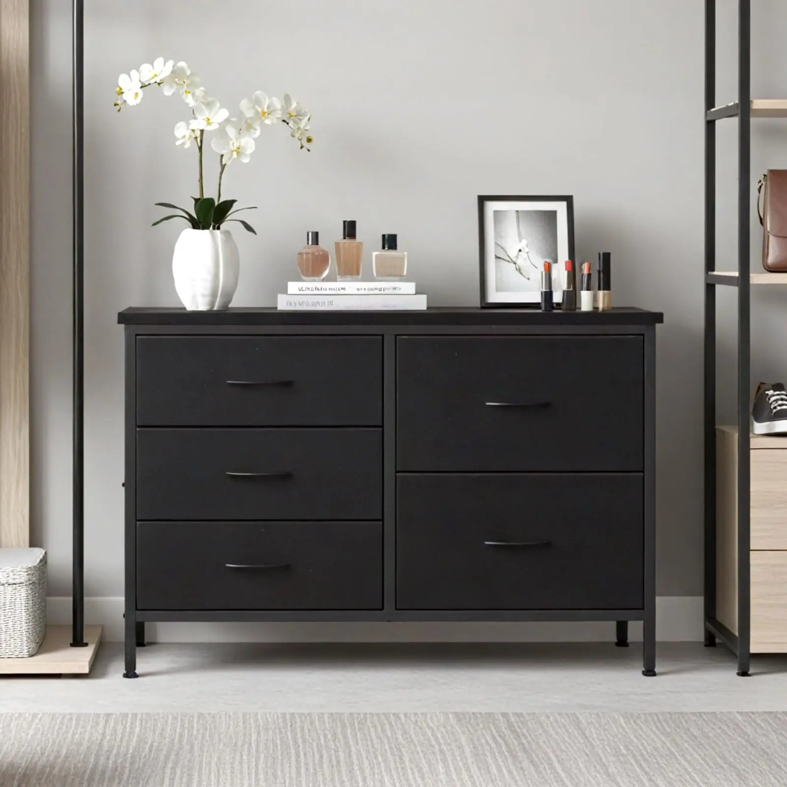 

MCQ Cabinet With 5 Fabric Drawers Metal Frame Beside Nightstand Dresser TV Stand Tables Various Storage Display Home Furniture