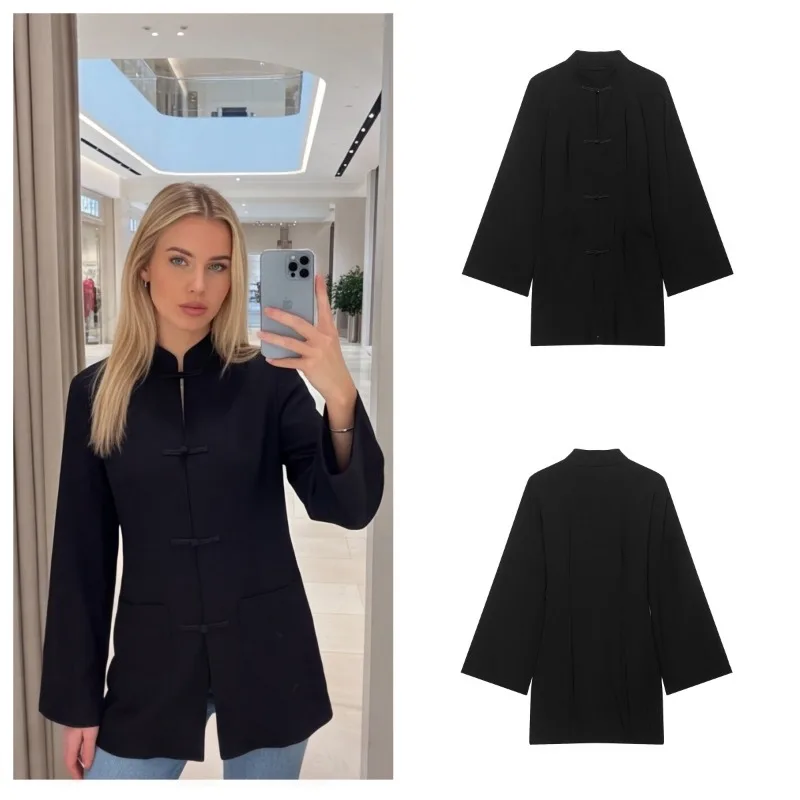 Smart Casual Long Dress Wide Sleeve Stand Collar Slimming Waist Cord Knot Fastening New Chinese Style 2026 Minimalist