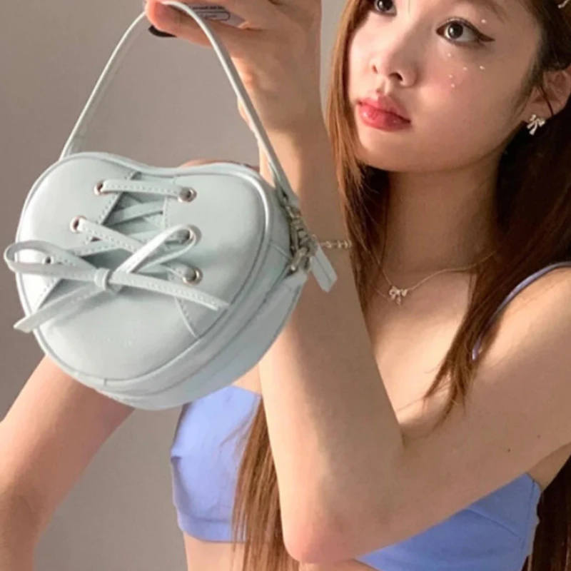 Korean Fresh Sweet Bow Love Heart Handbags Female Large Capacity Versatile Crossbody Shoulder Bags Y2k Aesthetic Purses Clutch