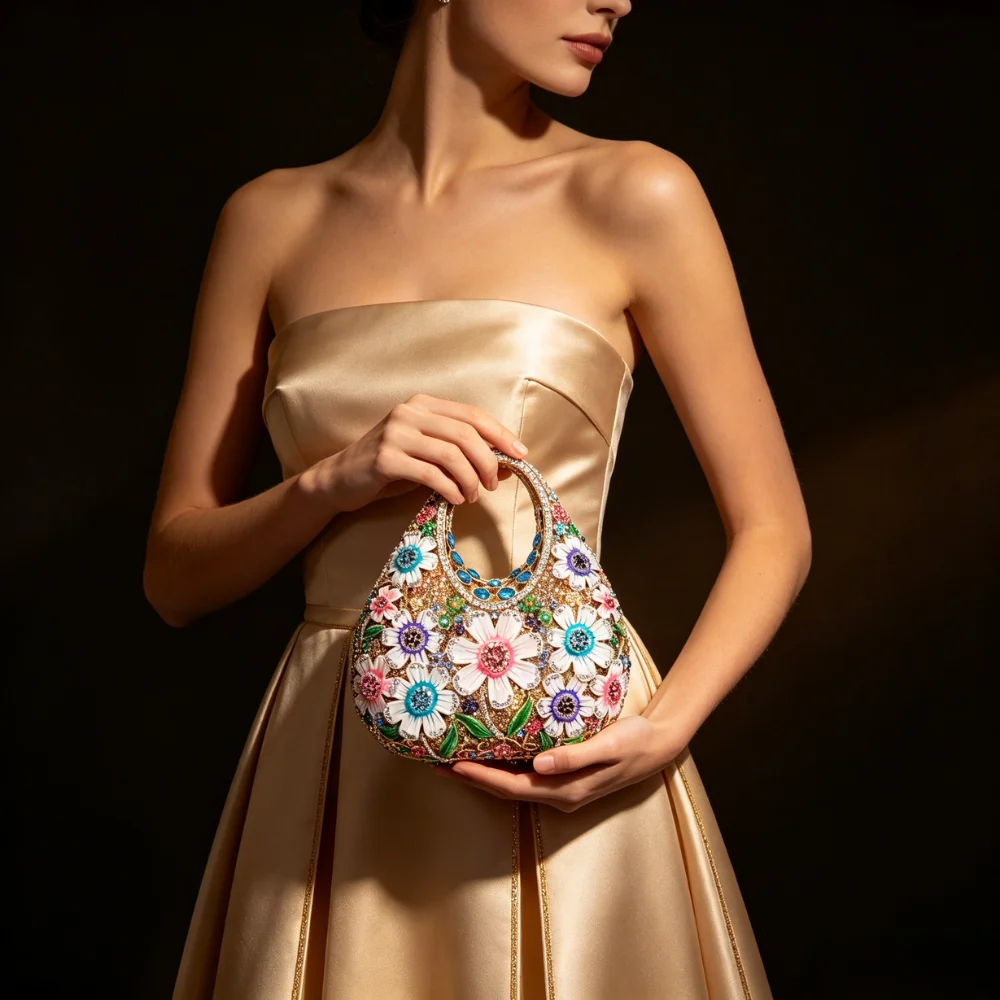Women Luxury 3D Floral Rhinestone Evening Bag Hollow Metal Frame Handbag Colorful Crystal Daisy Top Handle Clutch Wedding Party