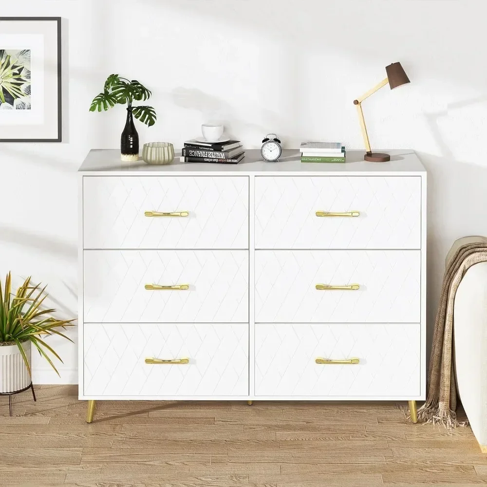Wooden Dresser For Bedroom With 6 Drawers, White Dresser With Golden Handles, Chest Of Drawers, Drawers Dresser , Hallway,