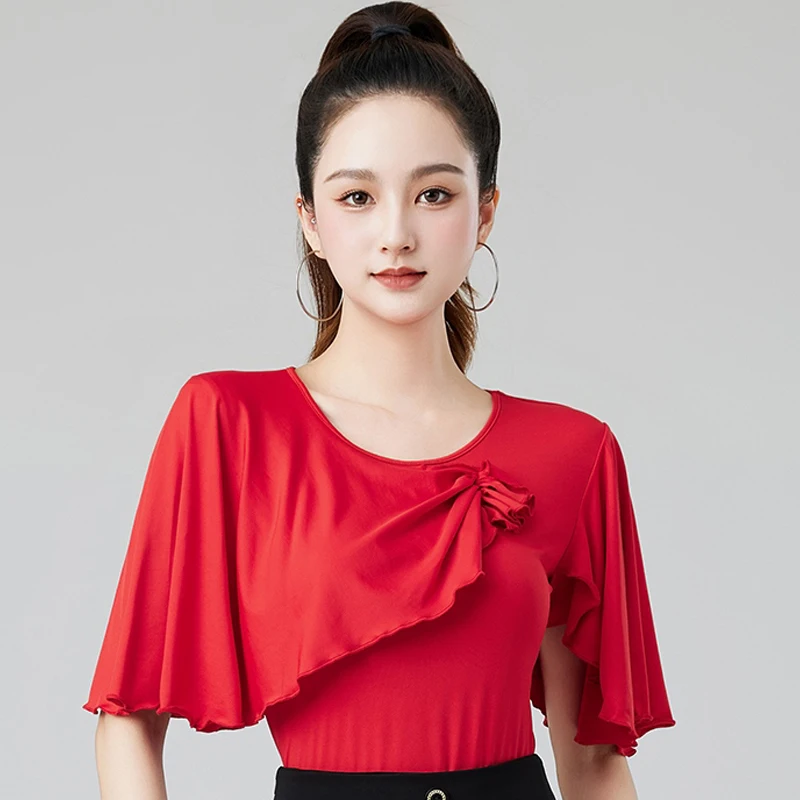 

Women'S Red Ballroom Dance Tops Adults Ruffled Latin Dance Top Female Tango Rumba Modern Dancing Clothes Practice Wear DW10812