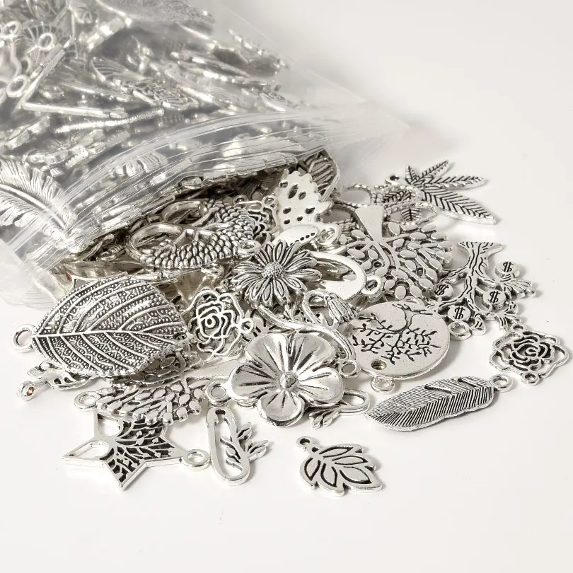 50pcs Mixed Metal Flower Vintage Silver Color Leaf Earring Charms Pendant Diy Floating Charms For Jewelry Making Craft Supplies
