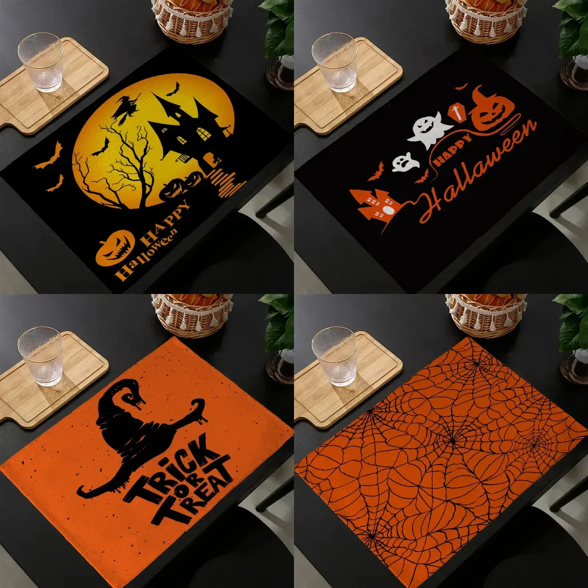 4PCS Halloween Table Placemats 30x40cm Linen Ghost Festival Atmosphere Table Mat Bat Pumpkin Spider Web Dining Table Decorations