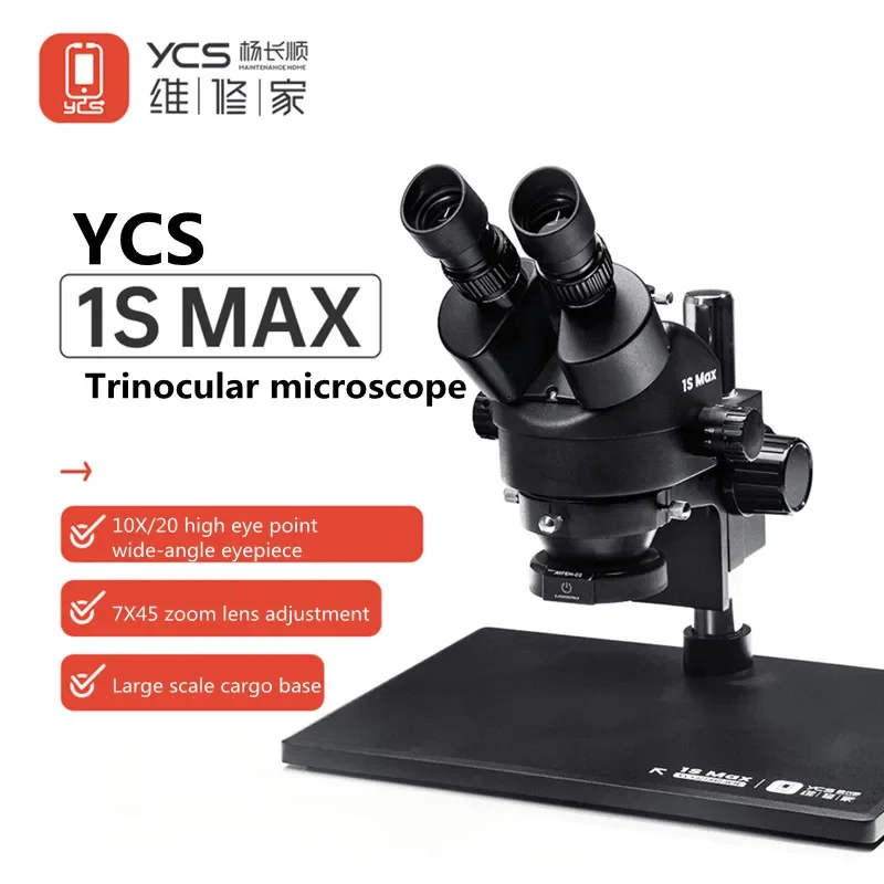 YCS 1S MAX HD Trinocular Microscope with Extra Large Base 7-45 Zoom 10X/20 High Eyepoint Wide Angle Eyepiece Repair  Microscope