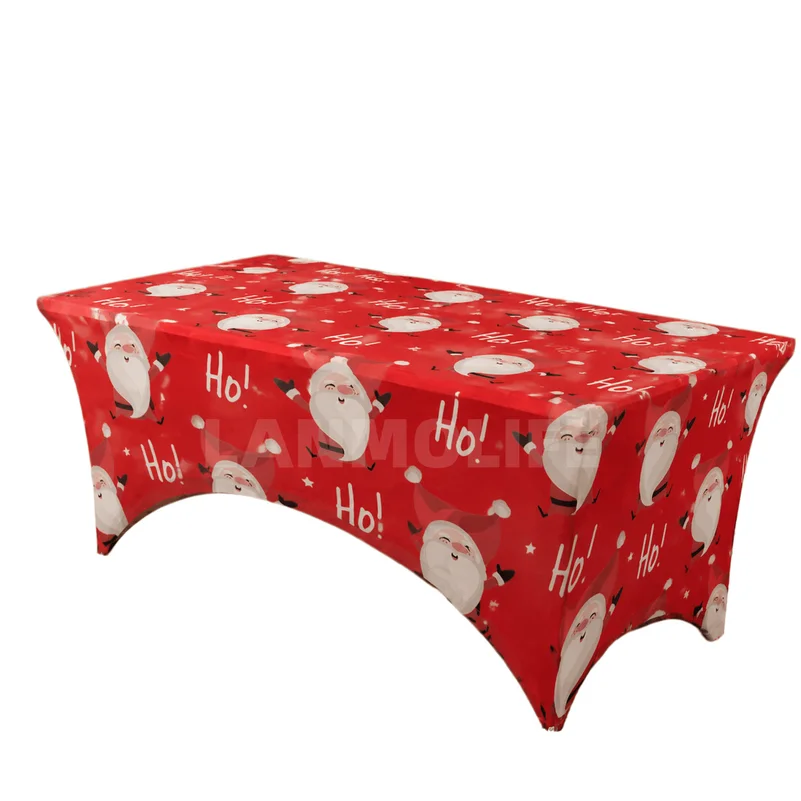 1PC Xmas Red Santa Ho Print Stretch Spandex Table Cover Elastic Fitted Tablecloth Christmas Home Fireplace Party Decor Table Ski