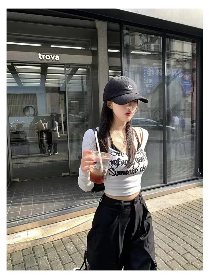 Primavera New Spice Girl Crop Top Gotico Lettera Stampa T-shirt a maniche lunghe + Canotta Trendy Slim Fit High Street Donna Y2k T-shirt