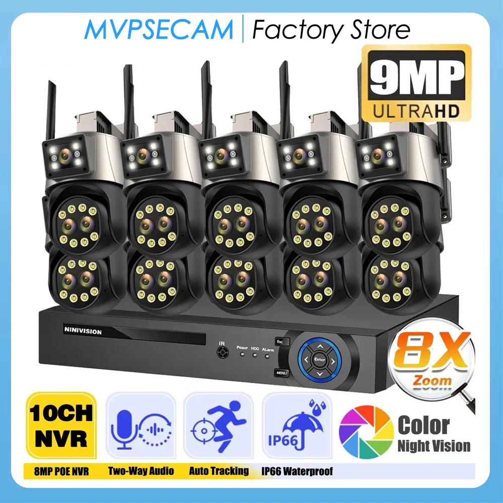 

4K 10CH NVR 8X Zoom 9MP CCTV PTZ Camera 3Lens Dual Screen Monitoring Real-time Alert ICSEE Notification WiFi Surveillance System