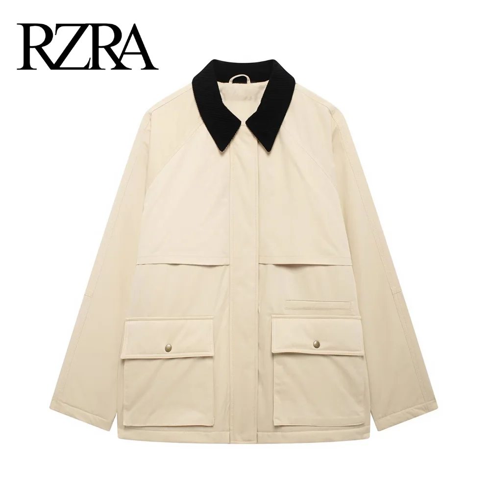 

RZRA2024 new winter style women's lapel large pockets decorated corduroy cotton jacket jacket loose commuting warm