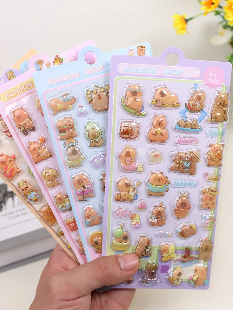 1 Packung süße Capybara-Aufkleber, 3D-Design, Kunststoffmaterial, dekorative Aufkleber, niedliche Cartoon-Capybara, bunte Muster, selbstklebend, geeignet für Scrapbooking, Tagebücher, Basteln, Geburtstagsgeschenke, Schulbedarf