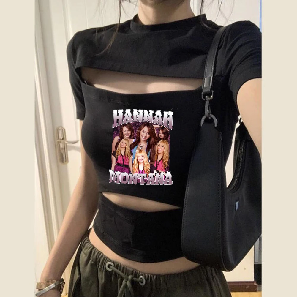 Hannah Montana cropped top women anime gyaru goth funny emo tshirt cute dollette 2000s