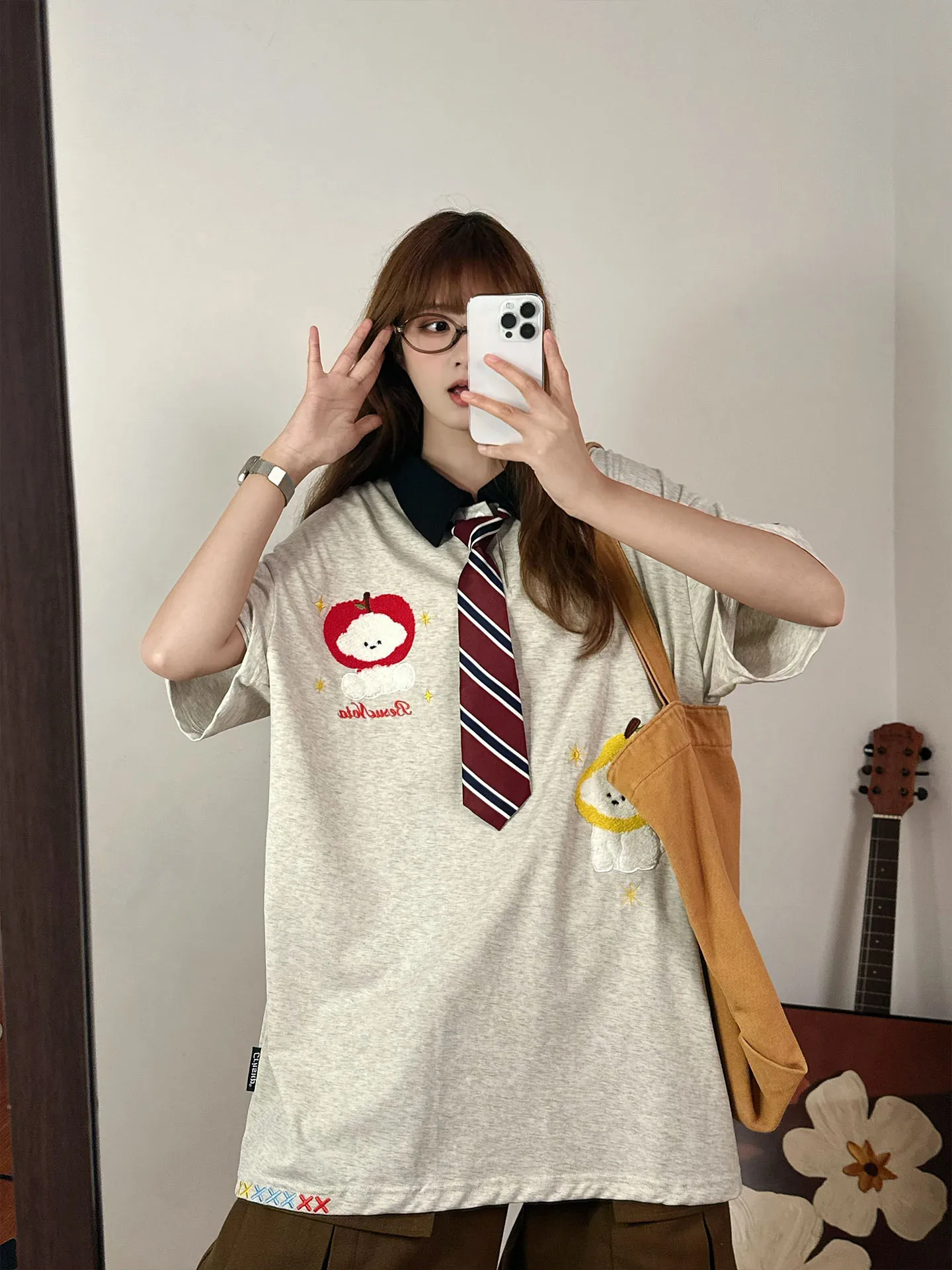 Summer Japanese Embroidered Polo Tie Short-sleeved T-shirt Women's 2025 New Loose College Style Balck Top Oversized T Shirt