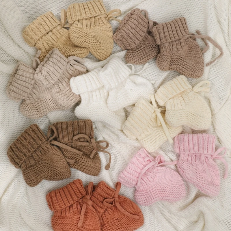 Warm Knitted Baby Socks Solid Color Newborns Handmade Knitting Shoes Short Socks with Ties for Boys Girls Unisex