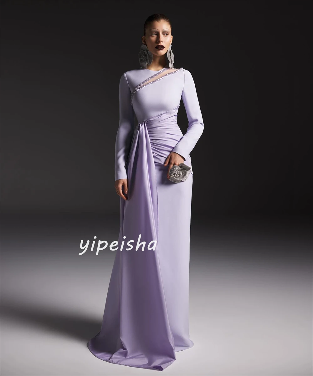 Customized Jersey Sequined Ruched Cocktail Party A-line High Collar Bespoke Occasion Gown Long Dresses