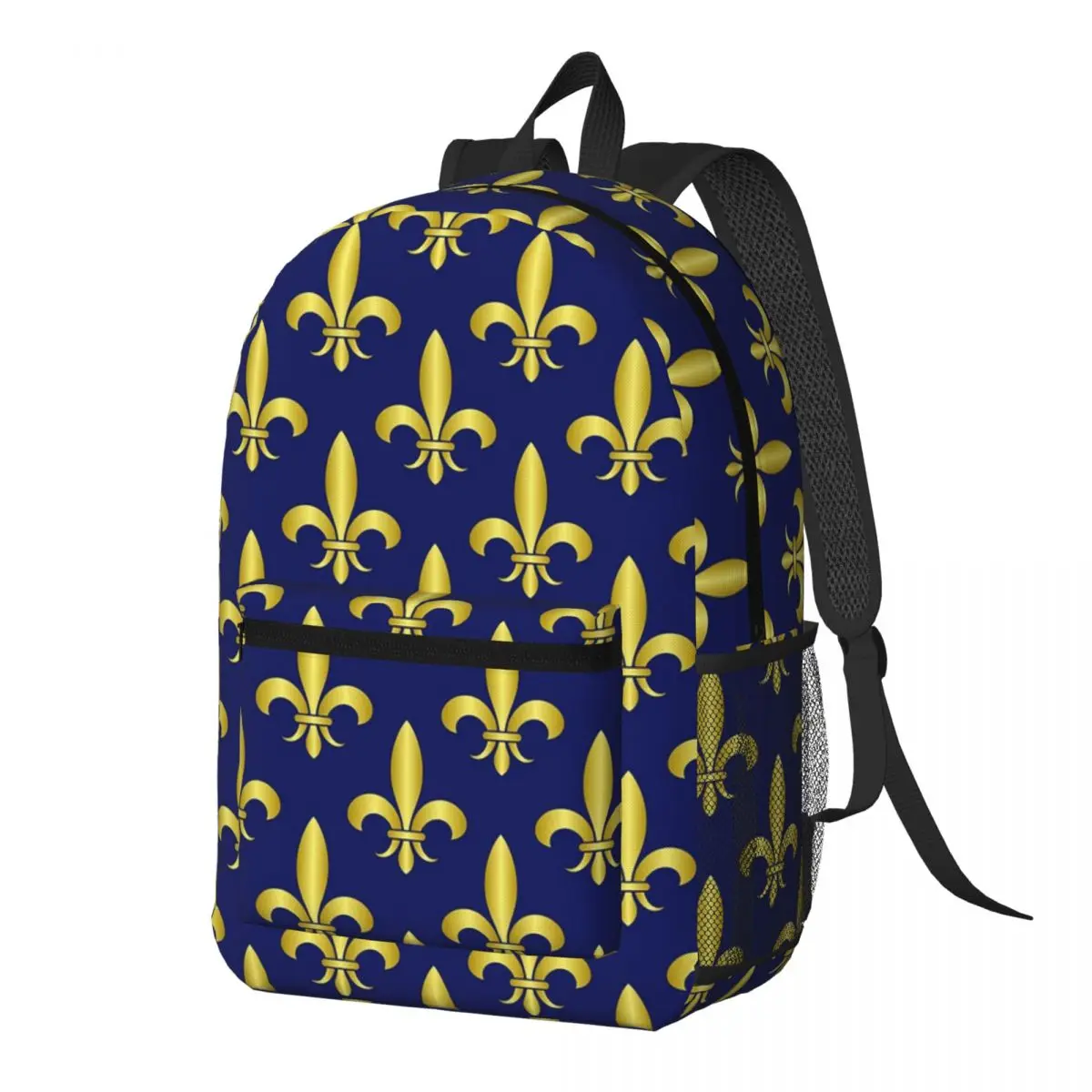 

Gold Blue Fleur De Lis Royal Lily Backpack Daypack Large Capacity Kids BookBag School Bag Shoulder Bags for Men Women