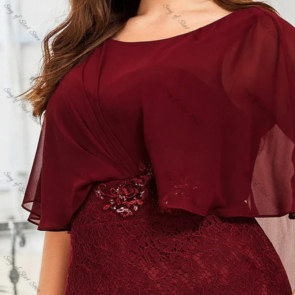 Robe sirène bordeaux personnalisée pour la mère de la mariée, appliques en dentelle, col rond en cristal, longueur de rinçage, colonne vertébrale pour les invités au mariage