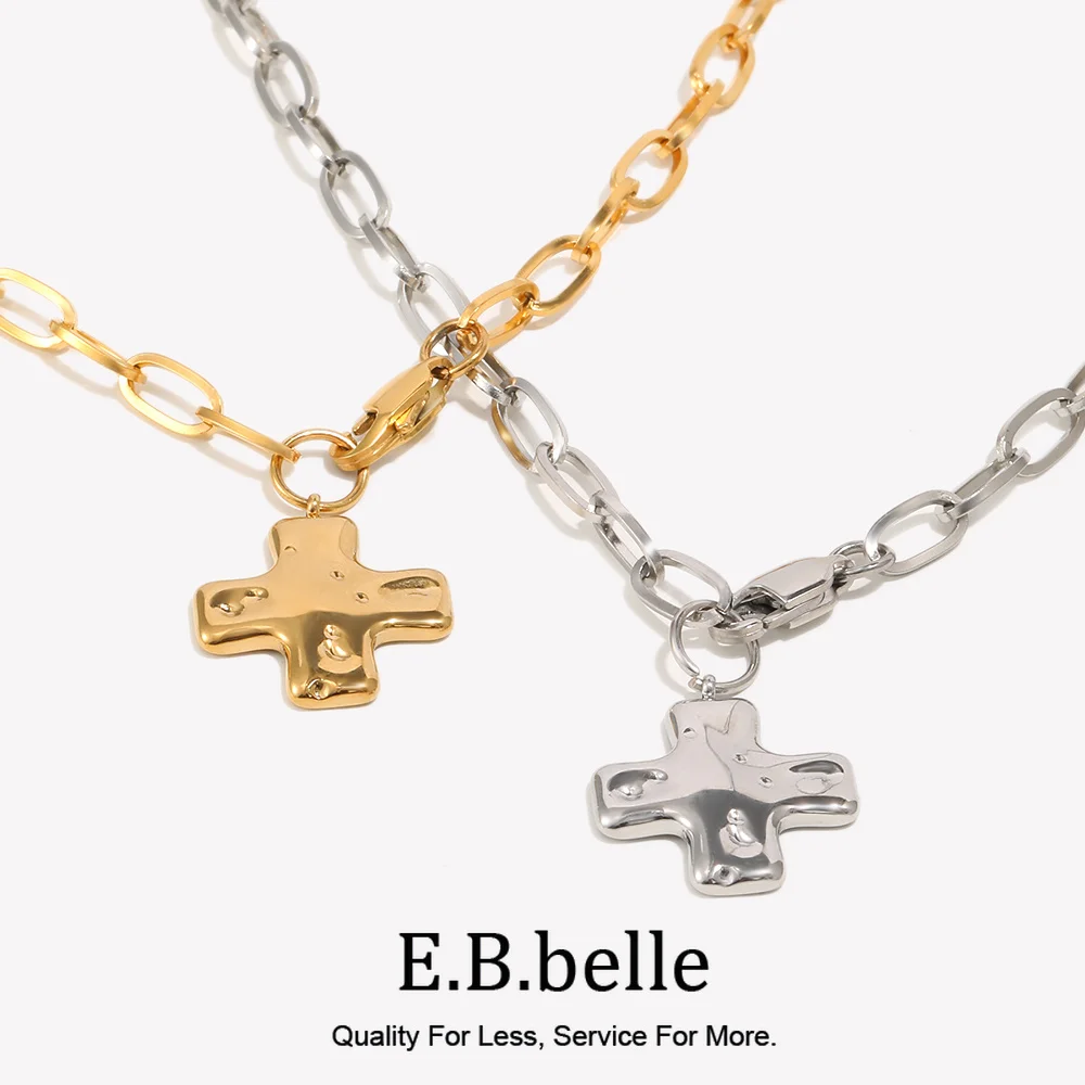 E.B.belle Wide Textured Polished Cross Pendant Women's Necklaces 18K Gold Plated Stainless Steel Chain Fashion Women Necklace