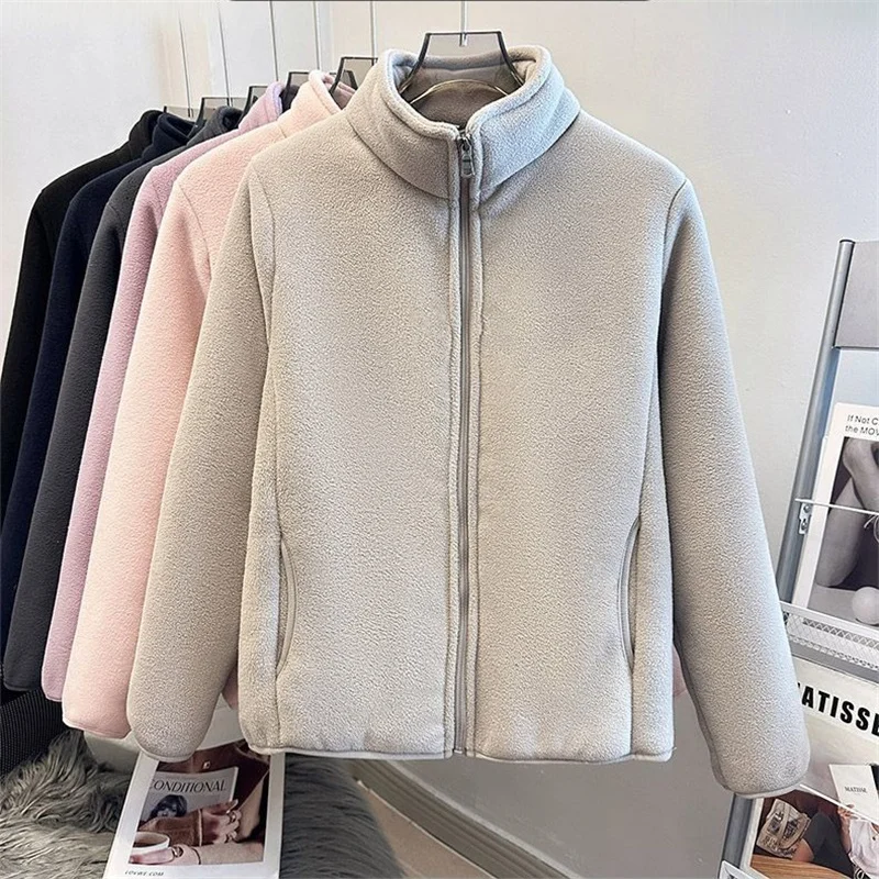 2025 Casual Polar Fleece Sweatshirt Women's Stand-up Collar Short Coat Autumn Winter Zipper-up Thicken Jacket Lady Warm Tops