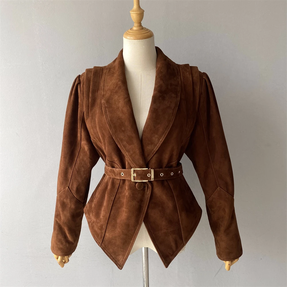 Jxwatcher veste en cuir suédé véritable femmes automne hiver nouveau Design manteau court en peau de mouton vestes décontractée à la mode avec ceinture 2025