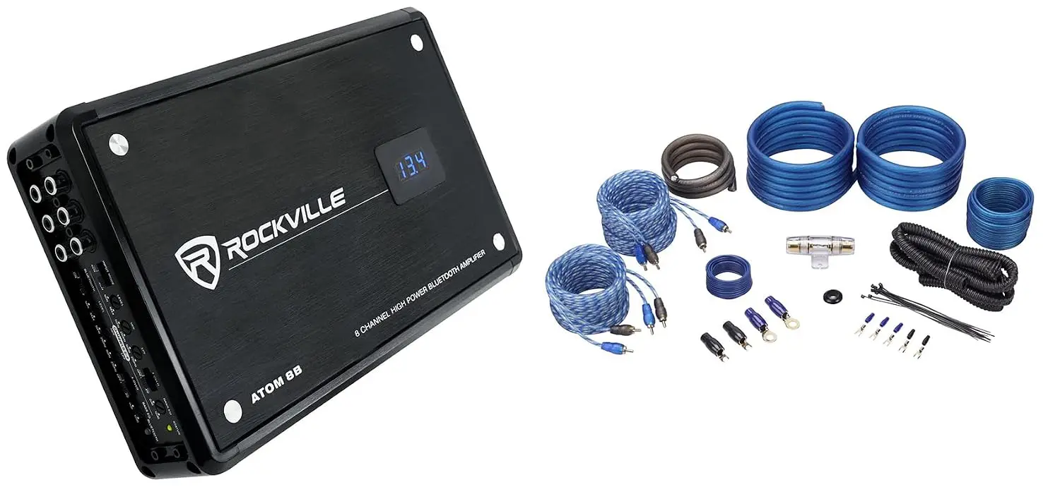 Atom 8B Bundle: 8-Channel 3500W Peak / 880W RMS Marine Amplifier with Bluetooth, RWK42 4-Gauge Car Amp Wiring Installation Kit,