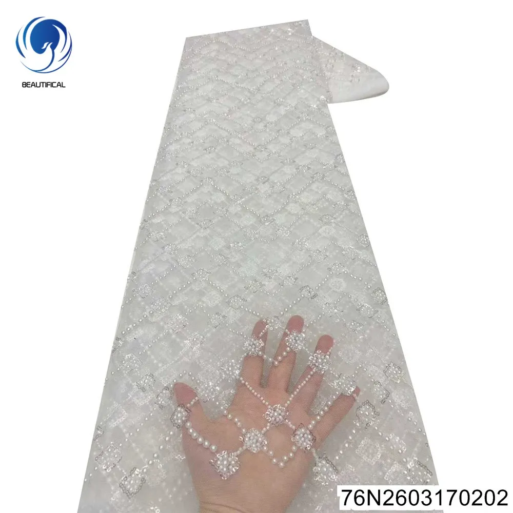 

Платье для вечеринки 2026 года с простым ромбовидным африканским кружевом, расшитое вручную бисером и пайетками, ткань 76N26031702