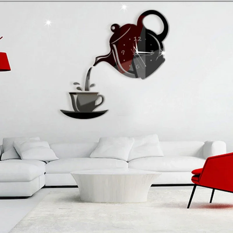 

Acrylic Mirror Clock Wall Stickers 3D Coffee Cup Teapot Self Adhesive for Home Living Room Decor Wall Clock Wall Sticker Clock