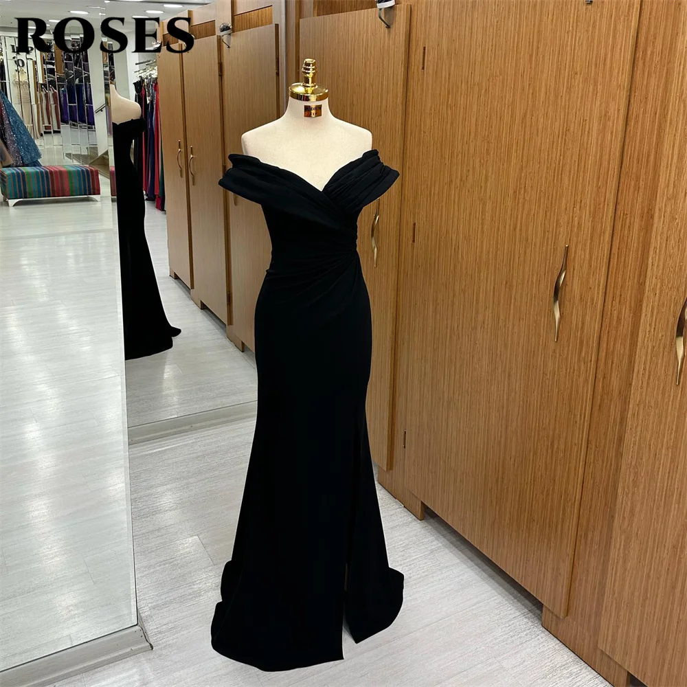 

ROSES Black V Neck Chic Woman Evening Dresses Gown Off the Shoulder Ball Gown Stain Trumpet Night Dresses Gown robes de soirée