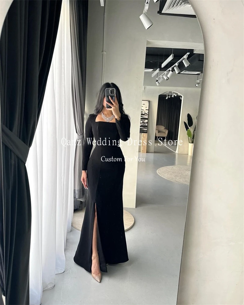 Qanz Square Neck Black Mermaid Evening Dresses Saudi Arabia Prom Party Dresses For Women Sexy Split Vestidos De Noche Customized