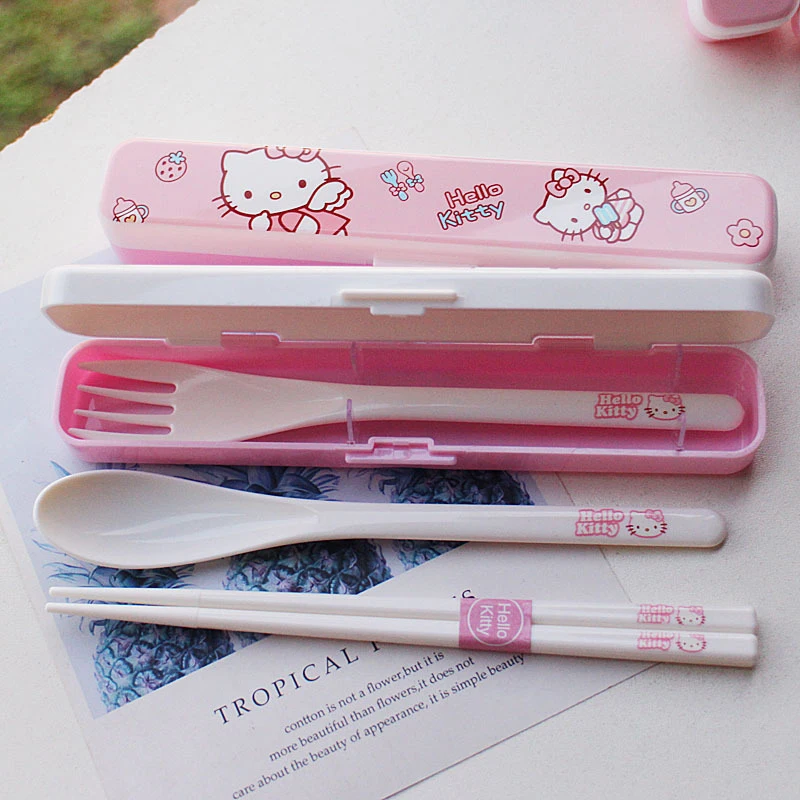 Cute Cartoon KT Cat Chopsticks Spoon Fork Kit Kawaii Hello Kitty Portable Resin Tableware With Box Student Dinnerware Set