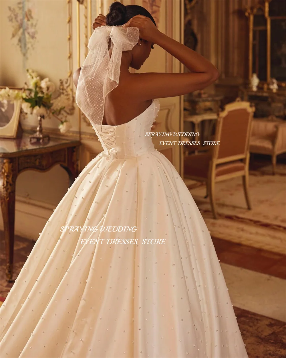 رش فساتين الزفاف الفاخرة اللؤلؤ الحبيب سويب تراين زي العرائس الساتان ألف خط طويل فيستدو دي كاسامنتو. #4