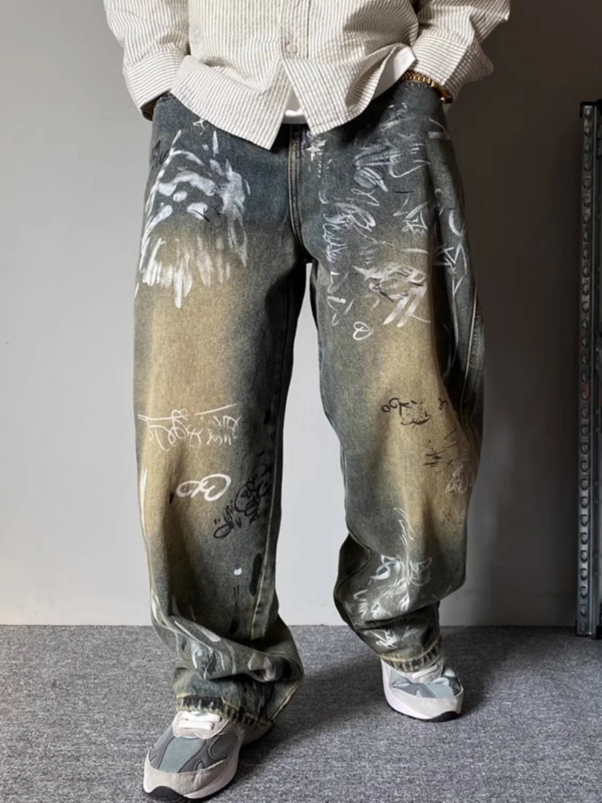 

Мужские джинсы Waed с ручной росписью в американском стиле, повседневные, прямые, свободные, широкие, молодежные, модные, износостойкие, всесезонные