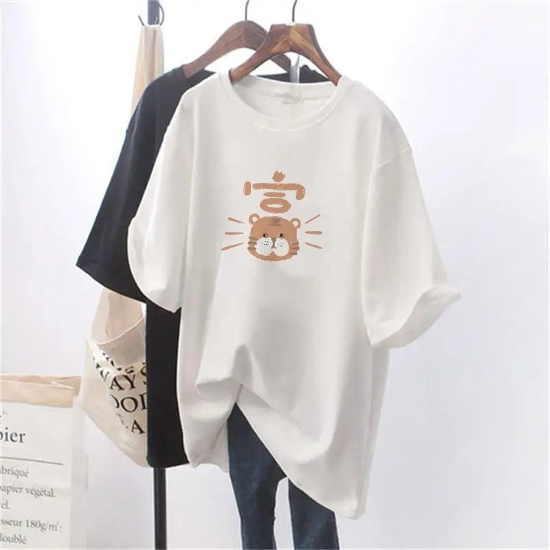 

Chic Character Cartoon Printed Pullover Summer Basics O-neck Pure Cotton Loose Top Tees Lady Short Sleeve Casual T-shirt