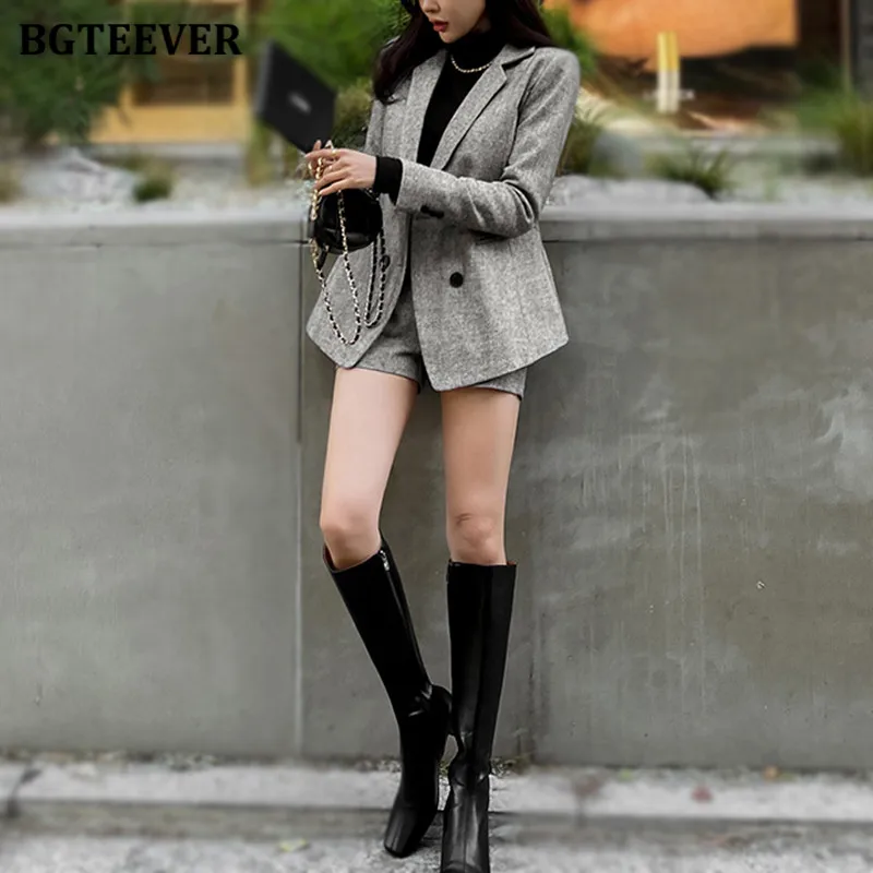 BGTEEVER Elegant Slim Female Short Suits Double Breasted Blazer Jackets Ladies Wide Leg Shorts Autumn Winter