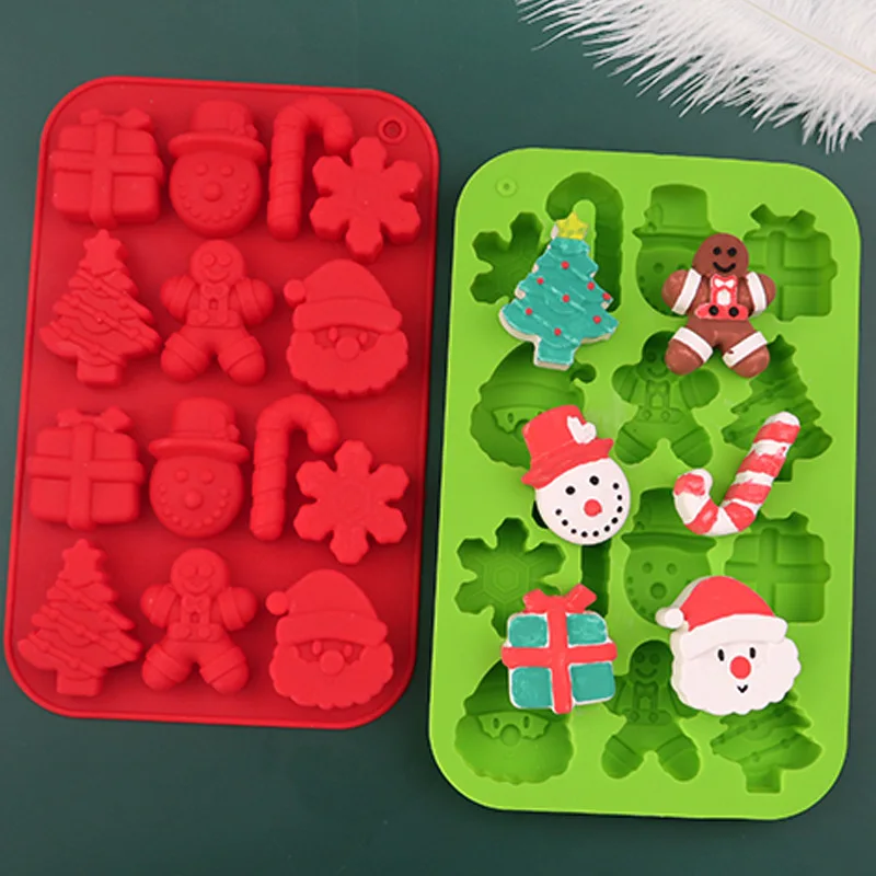 Christmas Mold 14 Hole Christmas Silicone Chocolate Biscuit Mold Snowman Gingerbread Man Cane and Other Shapes